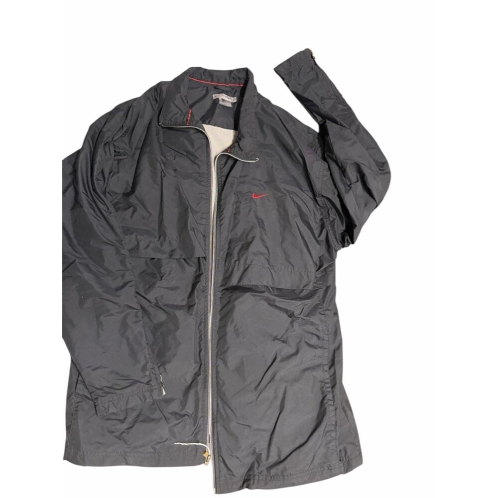 VINTAGE 90s Nike Black Windbreaker Jacket Red Swoosh Full Zip Lightweight